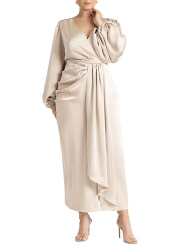 ELOQUII Women's Plus Size Satin Sleeve Pleated Dress - 22, Light Tan