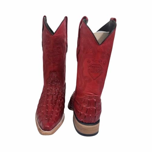 Men's Genuine Cowhide Crocodile Print Red 3X Toe Cowboy Western Boots (US-8)3