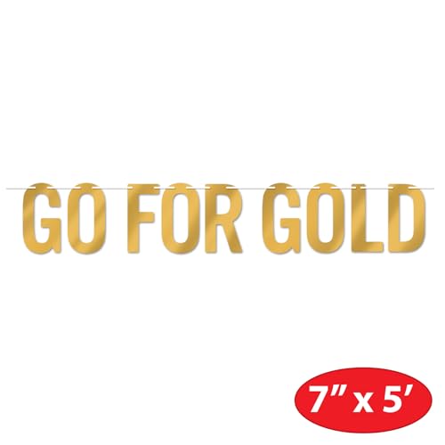 Beistle 2-Pack Go for Gold Foil Streamers, Sports Themed Party Decorations, Hanging International Athletic Banner, Wall Photo Backdrop for Events, 7" x 5'