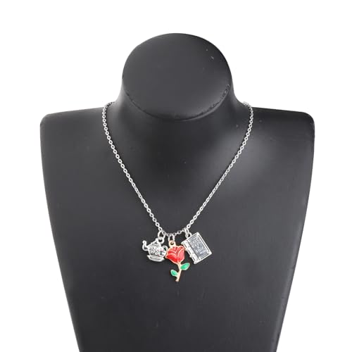 UJIMS Beauty Movies Gifts Mirror and Rose Charm Necklace Princess Fans Jewelry Beauty Fairy Story Gift3
