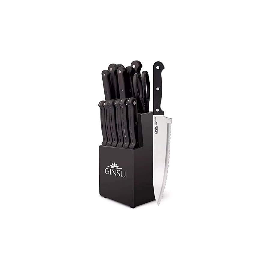 Ginsu-KIS-KB-DS-014-4-Kiso-Dishwasher-Safe-14-Piece-Set-Black-Block-9-W-x-15-H-x-5-D Ginsu Kiso 14-Piece Black Knife Set with Black Block - Dishwasher Safe and Always Sharp