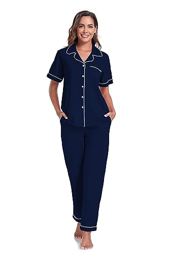 Image of COLORFULLEAF Women's 100% Cotton Pajamas Set Button Down Sleepwear Short Sleeve Shirt and Long Pants Soft Ladies Lounge Sets