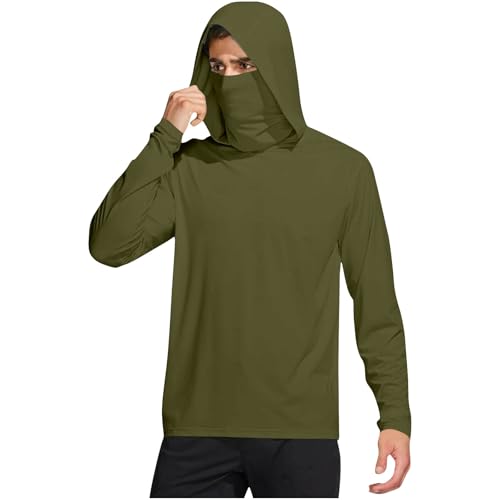 Men's Hooded Sun Shirts with Mask Fishing Long Sleeve UPF 50 Rash Guards Cooling Hoodies Hiking Shirts with Thumb Hole