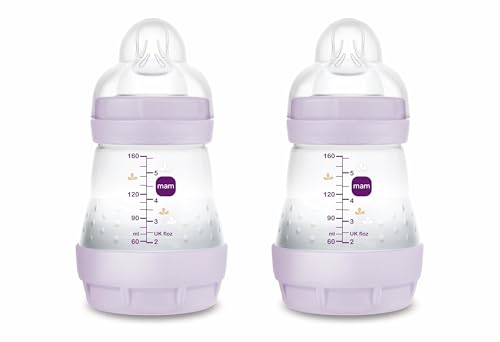 MAM Pack 2 Biberones Anticólicos, Recién Nacido, 0 2 Meses, 160ml, con Tetina 1 Flujo Lento de Fácil Aceptación, Autoesterilizable y Fácil de Limpiar, MAM Easy Start Anti Colic, Rosa Mate, 2uds