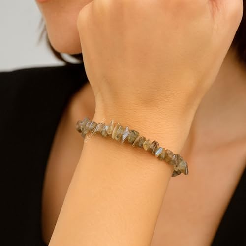 Image of Certified Labradorite Bracelet for Women Men with Healing Crystal and Reiki Stone - Beautiful Gemstone Beaded Bracelet for Balance, Harmony & Positive Energy (Chips Stone Beads)