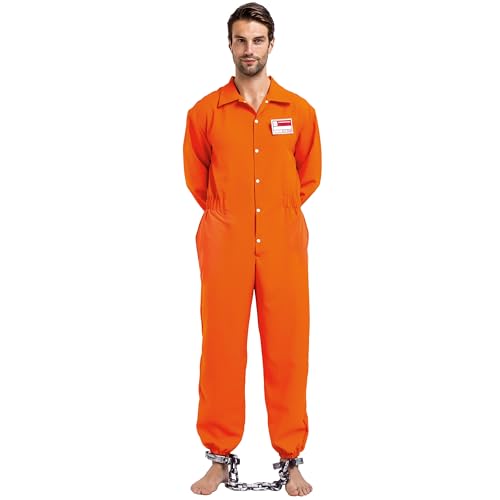 Spooktacular Creations Herren Gefangener Kostüm, Insasse Jailbird Sträfling Orange Overall mit Namensschild (X-Large, Orange)
