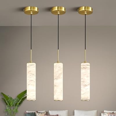 LMQNINE Natural Alabaster Pendant Lights for Kitchen Island White Marble Long Tube Chandelier Modern Gold Ceiling Light Fixtures for Bedroom Dining Room Table Living Room Hallway(S-3Pack)