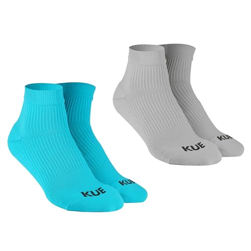 Image of KUE Graduated Compression Athletic Sports Socks |Unisex | OdourFree| Breathable| Anti-bacterial |Ankle Length|Pack of 2|Grey-Turquoise - L /XL