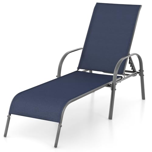 Image of Giantex Patio Lounge Chair, Outdoor Chaise Lounge with 5 Adjustable Backrest, Sturdy Steel Frame, Sunbathing Recliner, Tanning Chair for Beach, Outside, Yard, Balcony, Pool Chairs, Navy