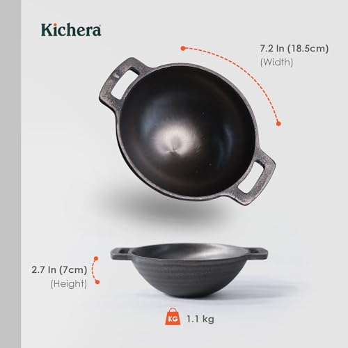 Image of Kichera Pre Seasoned Cast Iron Smooth Kadai | Nonstick Iron kadhai | 100% Pure & Toxin-Free, No Chemical Coating 7inch