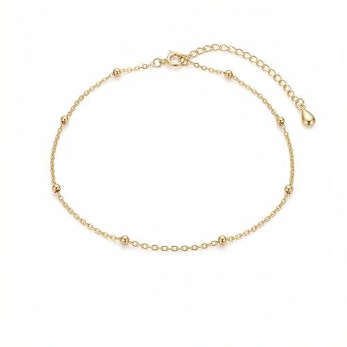 Image of NONAMOIS Ankle Bracelets for Women Dainty 18K Gold Plated Anklet Waterproof Round Beaded Paperclip Herringbone Pearl Chain Anklets Waterproof Beach Foot Jewelry
