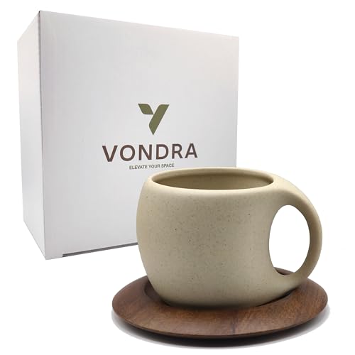 VONDRA Taza de Cerámica para café, incluye Platillo de Madera, Acabado Mate, Estilo Minimalista Nórdico-Japonés, 250 ml, Taza de Café Regalo diseño Japandi