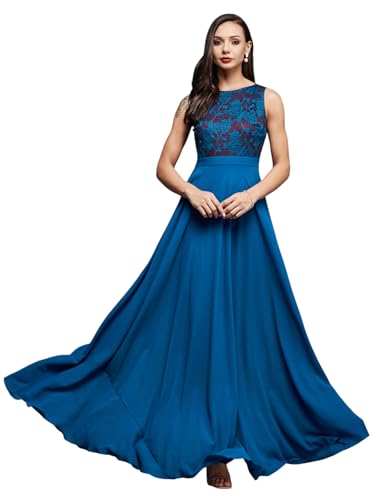 Image of Miss Chase Women's Round Neck Sleeveless Floral Lace Fit & Flare Maxi Dress