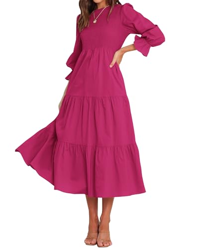 BTFBM Women Casual Long Sleeve Dress Winter Bohemian Relaxed Fit Solid Color Easter Dresses(Solid Rose Red,Medium)