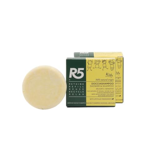 R5, Doccia Shampoo Solido Kids, 2 Pezzi, 94% Ingredienti di Origine Naturale, Amido di Riso e Olio di Mandorle Dolci, Profumo di Crème Caramel, Vaniglia e Orchidea, Vegan, Made in Italy