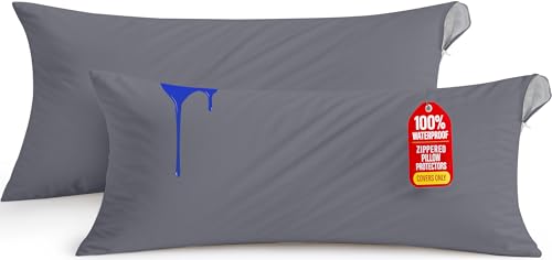 Image of Utopia Bedding Premium 100% Waterproof Pillow Protectors with Zipper Body Size (Set of 2), Bed Bug and Dust Mite Proof Zippered Pillow Covers, Pillow Encasement Cases, Gray