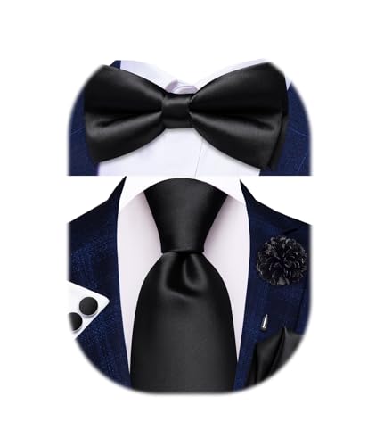 Hi-Tie 5Pcs Mens Solid Black Color Silk Tie Satin Pretied Bowtie Lapel Pin for Men Handkerchief Cufflink Wedding Gift Box