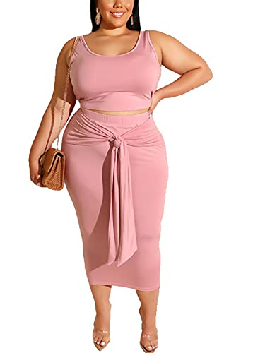 Image of Plus Size Women 2 Piece Outfits Sets Sexy Tracksuit Midi Dress,Sleeveless Tank Top Bodycon Skirts Set Casual Summer