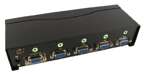 rhinocables 4 Way SVGA VGA Signal Splitter Boost Box with 3.5mm Stereo Audio 1 to 4 Screens Duplicate | 450Mhz Video Bandwidth