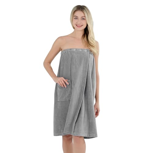 Winthome Toalla de Sauna Mujer 100% Algodón, Toalla de Baño Grande Suave y Cómoda, Absorbente, Ajustable con Botones, Albornoz Ducha Mujer para Sauna, Ducha, Playa, Piscina (Gris, 80x145cm)