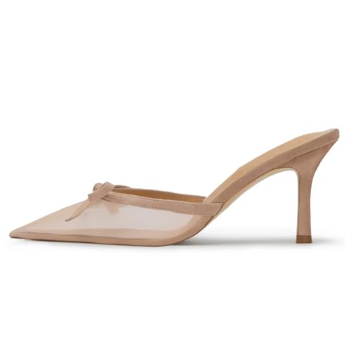 Caradise Mesh Heels for Women Bow Tie Closed Pointed Toe Slip On High Heel Stilettos Mules Sexy Backless Kitten Sandas Wedding Pumps Shoes