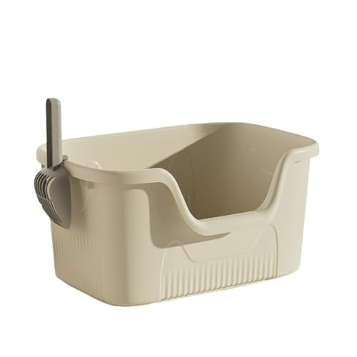 Sandqvipa特大猫用トイレ、オープン型、大型猫や複数の猫に適しており、お手入れが簡単、衛生的、大型、飛散防止、一体型猫用トイレ (オフホワイト - ラージサイズ 50*35*22CM,無料の猫砂スコップと消臭バッグ)