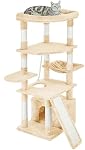 Pesofer Cat Tree Multi Level Cat Tower with Sisal-Covered Scratching Posts, Kitty Playhouse and Large Top Perch Beige