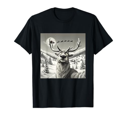 Reindeer Selfie with Santa Sleigh Funny Christmas T-Shirt