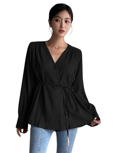 Image of Leriya Fashion Women's V-Neck Pleated Tunic Top - Long Sleeve Drawstring Waist Summer Blouse, Lightweight Casual Shirt for Office, Travel, Daily