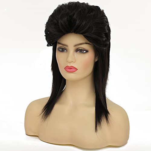 Image of Swiking Black Mullet Wigs for Women Curly Shoulder Length Fluffy Hair 70s 80s Rocker Party Cosplay Synthetic Wigs (Black)