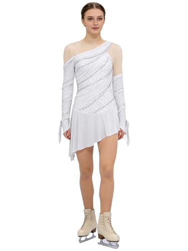 ranrann Asymétrique Robe Patinage Artistique Femme Manches Longues Strass Dos Nu Justaucorps Tenue Danse sur Glace Compétition Spectacle Blanc M