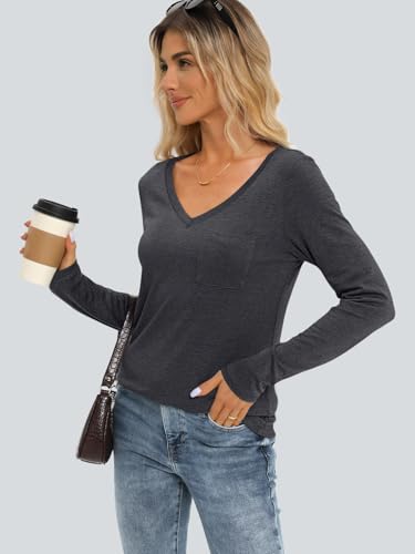 Image of AUTOMET Womens Long Sleeve Shirts V Neck Casual Tops with Pockets Loose Dressy Basic Fall Outfits Clothes Winter Trendy 2025