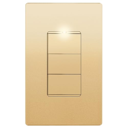 Image of LIDER Lighted Triple Switch with Screwless Wall Plate, Combination Frameless Decorator Switch with Locator Light, Ground Terminal, Single Pole, 15A 120V, UL Listed, Thermoplastic, Matte Gold