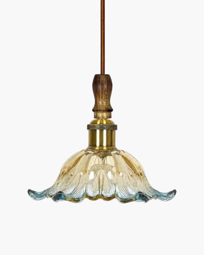 Image of Homesake Botanica Pendant Lamp | Petal Scalloped Glass Hanging Light with Solid Wood Top | Vintage European Ceiling Fixture, Pendant Light for Home Decor, Hallway, Foyer & Balcony, (Tulip, Blue)