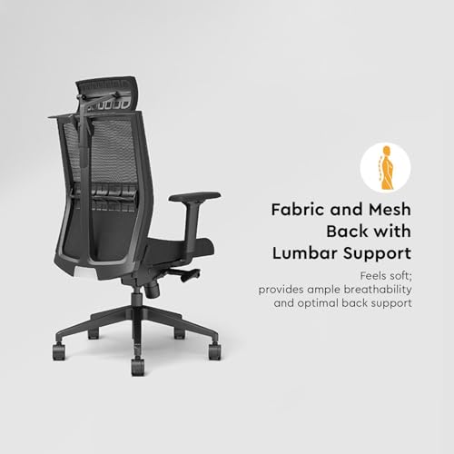 Image of Interio by Godrej Cross Half Mesh High Back Ergonomic Office Chair for Work from Home /Study, 1 Year Warranty, Height Adjustable Chair with Adjustable Armrest, Nylon Base (Black Ink)