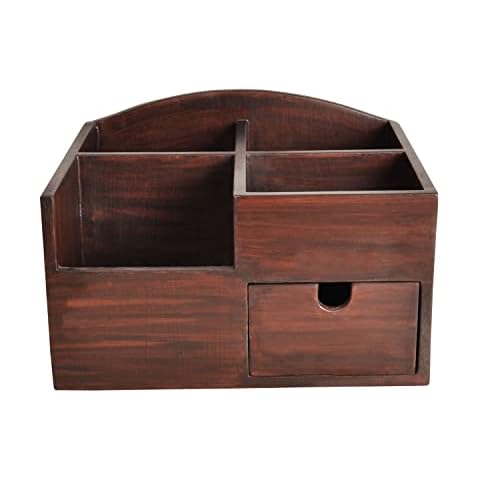 Lalhaveli Study Table Decor Wooden Pen Pencil Holder Handmade 1 Storage Drawer and 4 Open Shelf Box (10x8.5x6.5 Inch) Cover