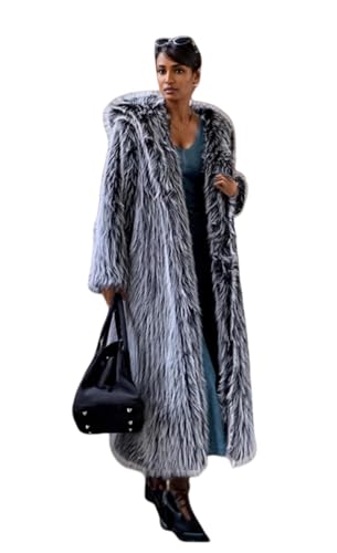 Women's Long Ankle Length Faux Fur Coat Winter Soft Fur Overcoat Jacket Outwear Sweater With Hat