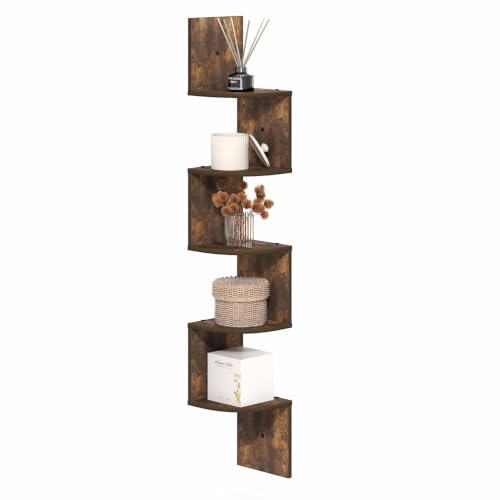 Image of Furinno Rossi 5-Tier Corner Floating Book Shelves for Wall, Amber Pine | Zigzag Corner Shelf, Wall Mounted, Radial Floating Shelf, for Living Room, Bedroom, Bathroom, Home Office
