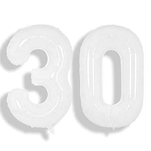 Image of SUWEN 40 Inch White Large 30 Balloon Number Big Foil Helium Numbers 0-9 | Giant Jumbo Happy 30th Birthday Party Decorations for Men or Women Huge Mylar Anniversary Party Supplies
