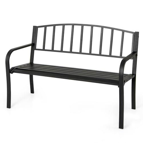Image of Giantex Metal Outdoor Bench, Patio Garden Bench with Backrest, Curved Armrests, Slatted Seat for 2-3 Persons, 660 LBS, Heavy-Duty Outside Seating Loveseat for Yard, Porch, Park, Black