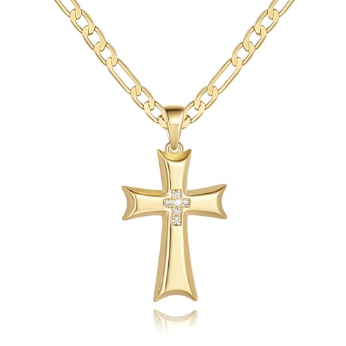 Cross Necklace 14K Gold Cross Necklace for Men Cubic Zirconia Center Mariner Gold Chain Necklaces for Mens Dainty Pendant 20/22/24in