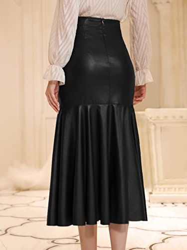Wdirara Women's High Waist Pu Leather Mermaid Ruffle Hem Bodycon Elegant Pencil Skirt Black S #TOP1