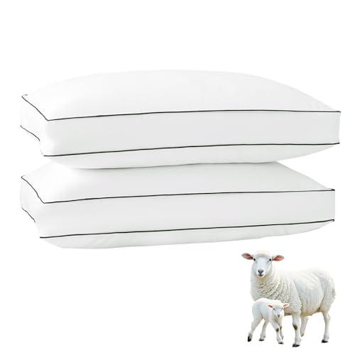 YOUR MOON Soft Natural Wool Pillow Standard Size Set of 2 Fluffy Thick Down Alternative Pillows for Side Sleeper Support Gusseted Bed Pillow for Sleeping 100% Cotton Cover (Pure White)