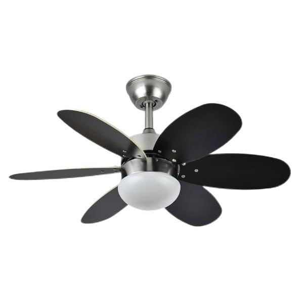 Brightium Ventilador DC con 6 aspas, reversibles wengué/haya, control remoto y temporizador, ideal para refrescar y decorar interiores.