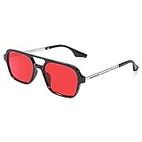 NULOOQ Retro 70s Flat Aviator Sunglasses for Women Men, Vintage Square Small Frame Shades Driving UV400 Protection (Black/Red)