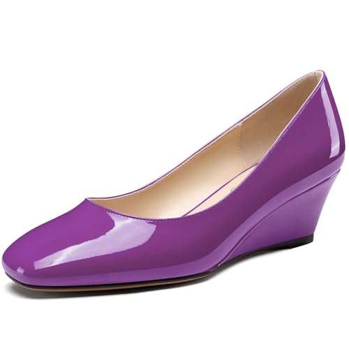 NobleOnly Womens Mid Wedge Heel Close Square Toe Slip-on Patent Leather Pumps Casual Office Dress Basic Classic Shoes 2.0 Inches Heels
