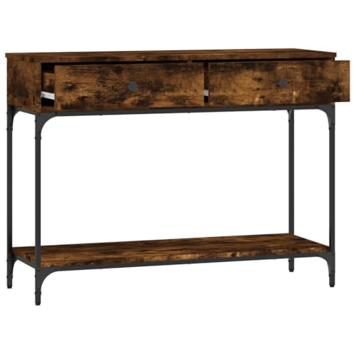 Mesa consola de madera de roble ahumado con cajón y estante de 100 cm 5