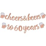 Joymee Cheers & Beers to 60 Years Rose Gold Glitter Banner for 60th Birthday Wedding Aniversary Party Supplies Decorations - PRESTRUNG