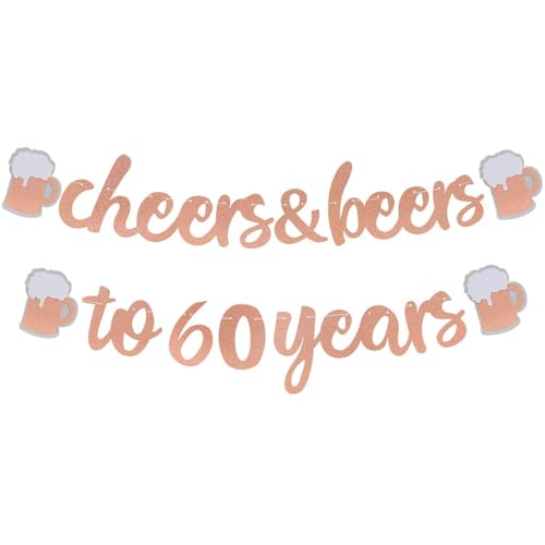 Joymee Cheers & Beers to 60 Years Rose Gold Glitter Banner for 60th Birthday Wedding Aniversary Party Supplies Decorations - PRESTRUNG