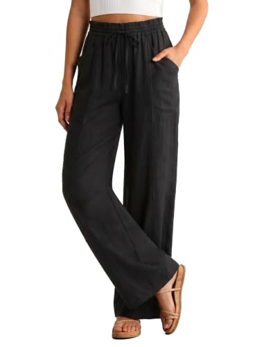 COPYLEAF Wide Leg Pants for Women High Waisted Drawstring Flowy Palazzo with Pockets Summer Lounge Casual Beach Trousers Black